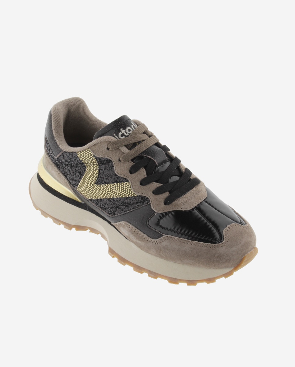 Zapatillas deportivas de mujer de glitter con piezas metalizadas y de serraje - Victoria - Negro Negro-3