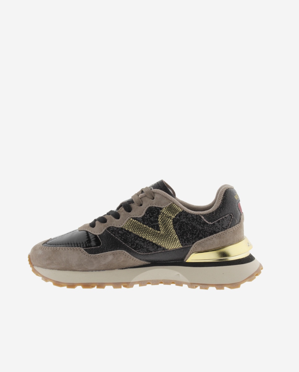Zapatillas deportivas de mujer de glitter con piezas metalizadas y de serraje - Victoria - Negro Negro-2