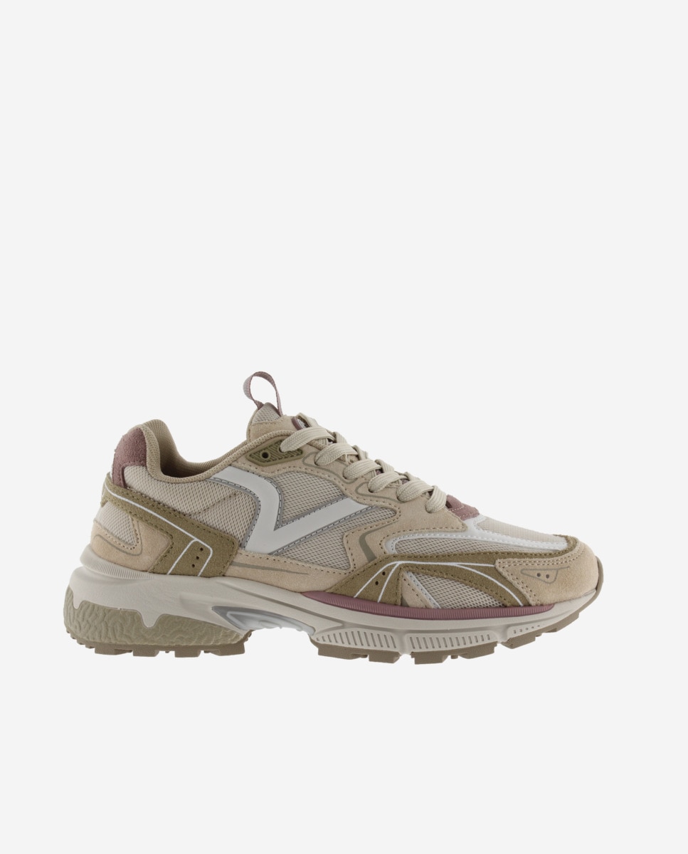 Zapatillas deportivas de mujer de rejilla con piezas de color y serraje - Victoria - Beige Beige-1