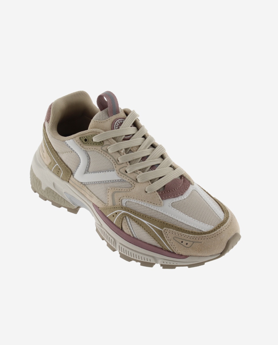 Zapatillas deportivas de mujer de rejilla con piezas de color y serraje - Victoria - Beige Beige-3