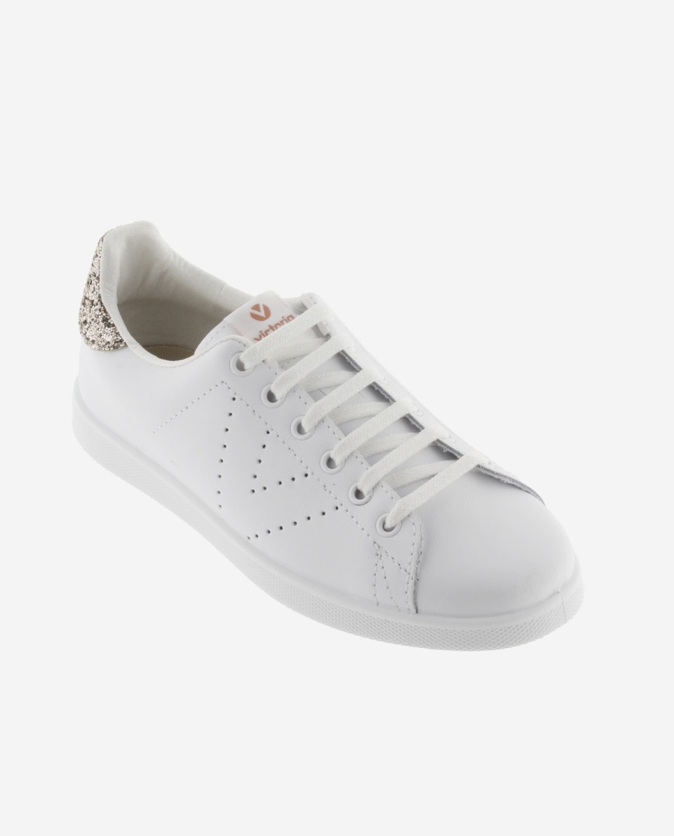 Zapatillas deportivas de mujer de piel con pieza trasera de glitter y logotipo perforado - Victoria - Rosa Rosa-3