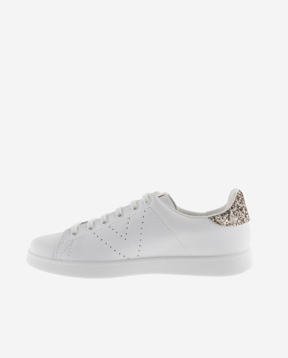 Zapatillas deportivas de mujer de piel con pieza trasera de glitter y logotipo perforado - Victoria - Rosa Rosa-2