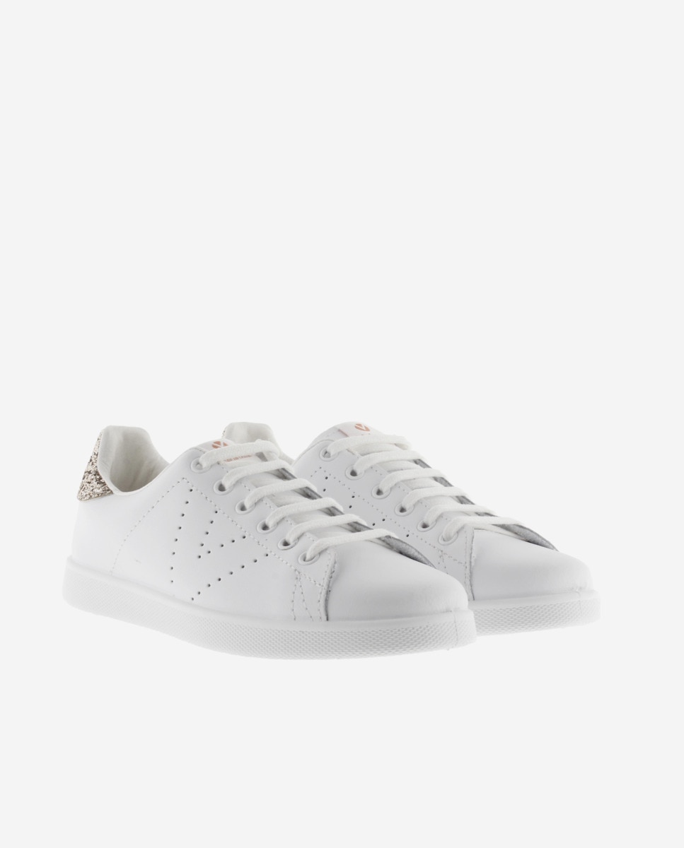 Zapatillas deportivas de mujer de piel con pieza trasera de glitter y logotipo perforado - Victoria - Rosa Rosa-5