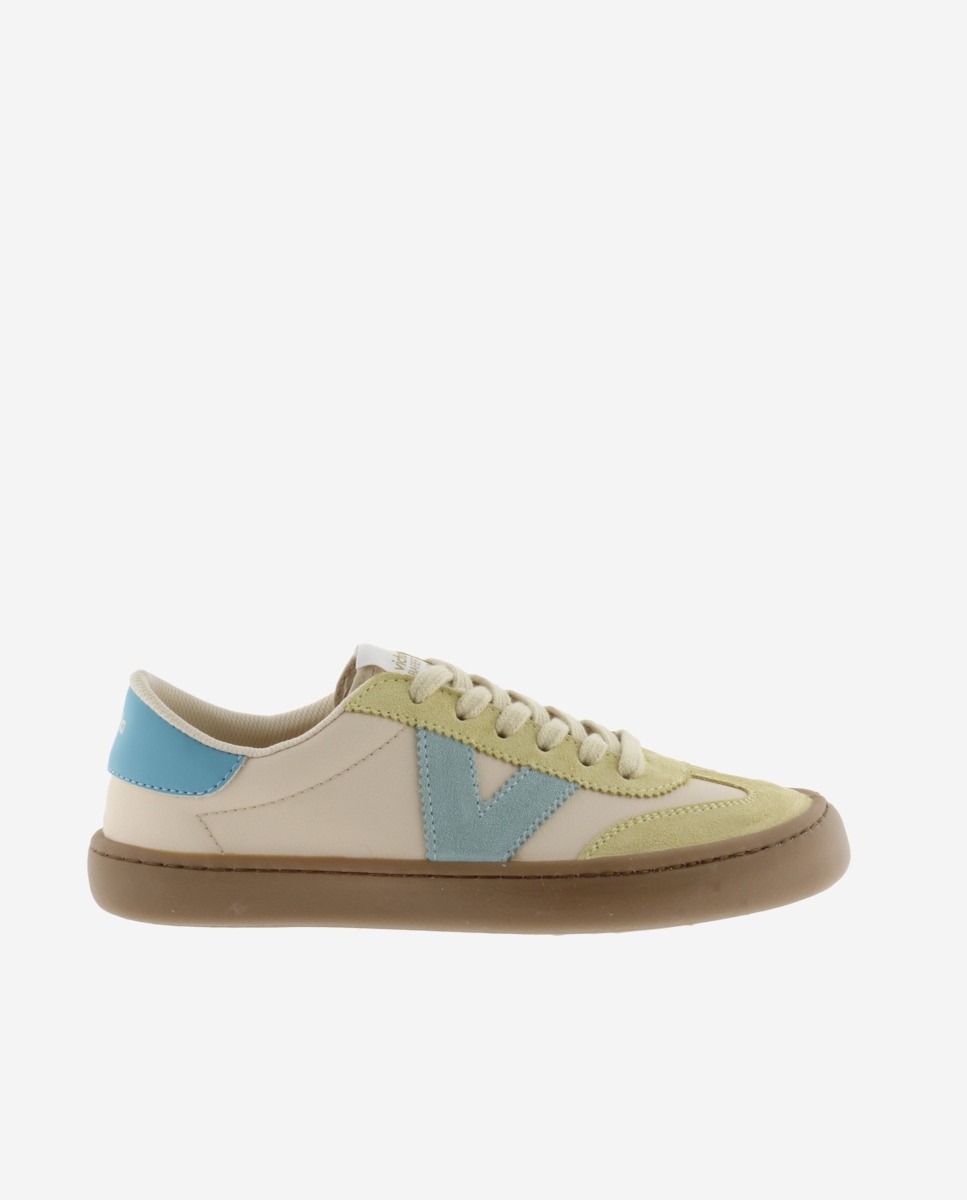 Victoria - Zapatillas deportivas de mujer barefoot de nylon con piezas de color y serraje y suela caramelo.