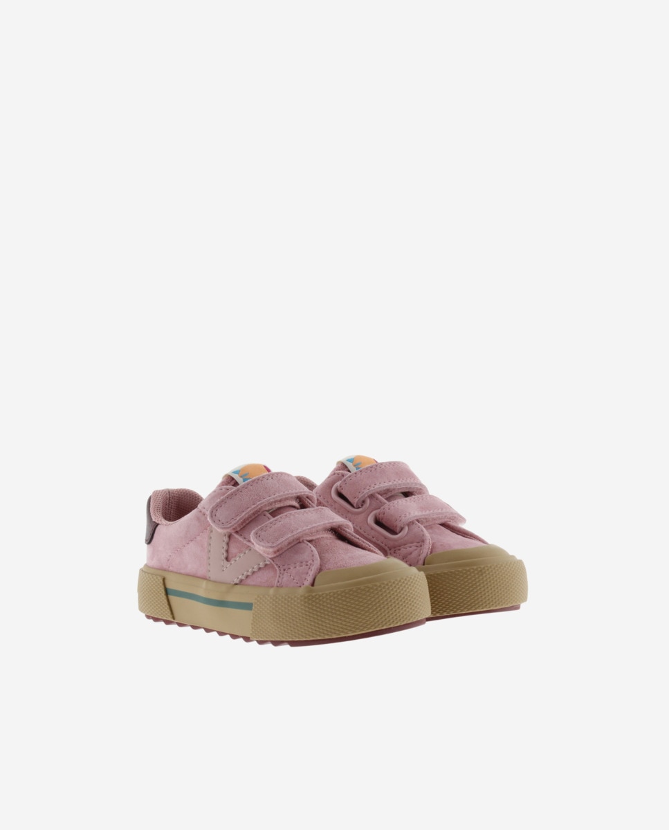 Imagen 5 de Zapatillas bajas de niños de serraje con piezas de color y doble cierre adherente - Victoria - Rosa Rosa