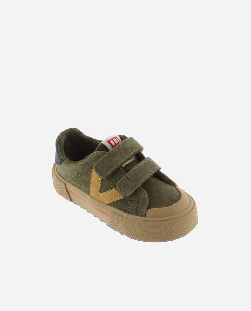 Imagen 2 de Zapatillas bajas de niños de serraje con piezas de color y doble cierre adherente - Victoria - Kaki Kaki