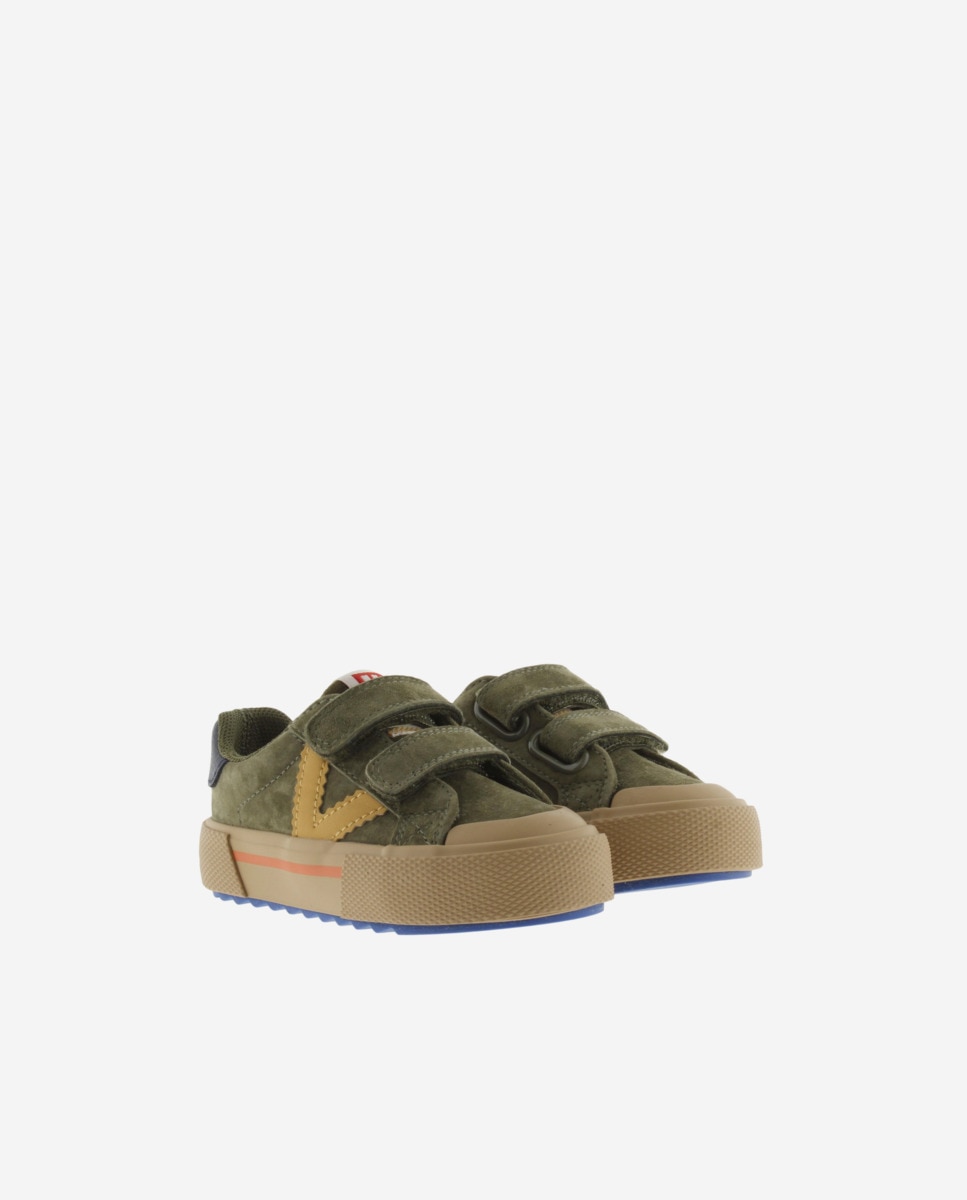 Imagen 5 de Zapatillas bajas de niños de serraje con piezas de color y doble cierre adherente - Victoria - Kaki Kaki