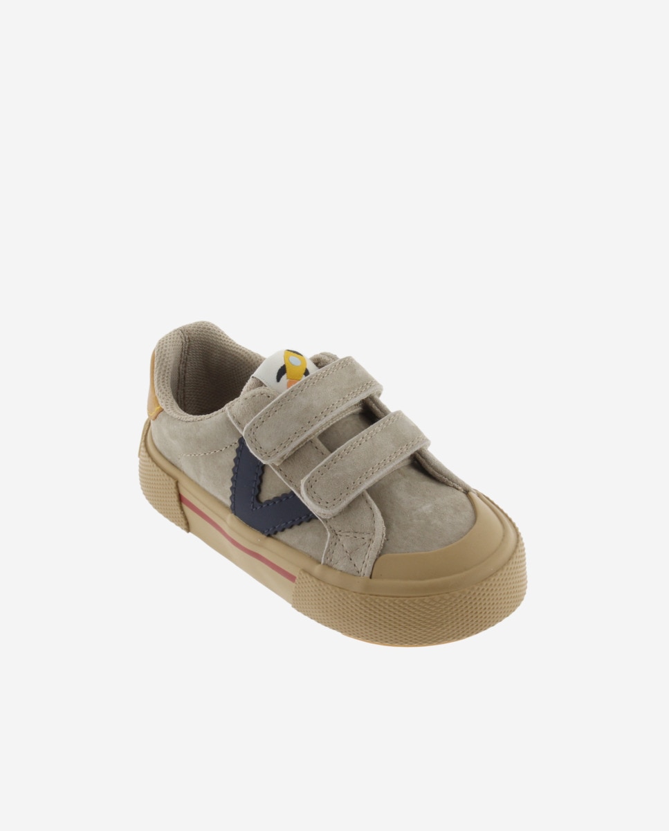 Imagen 2 de Zapatillas bajas de niños de serraje con piezas de color y doble cierre adherente - Victoria - Beige Beige