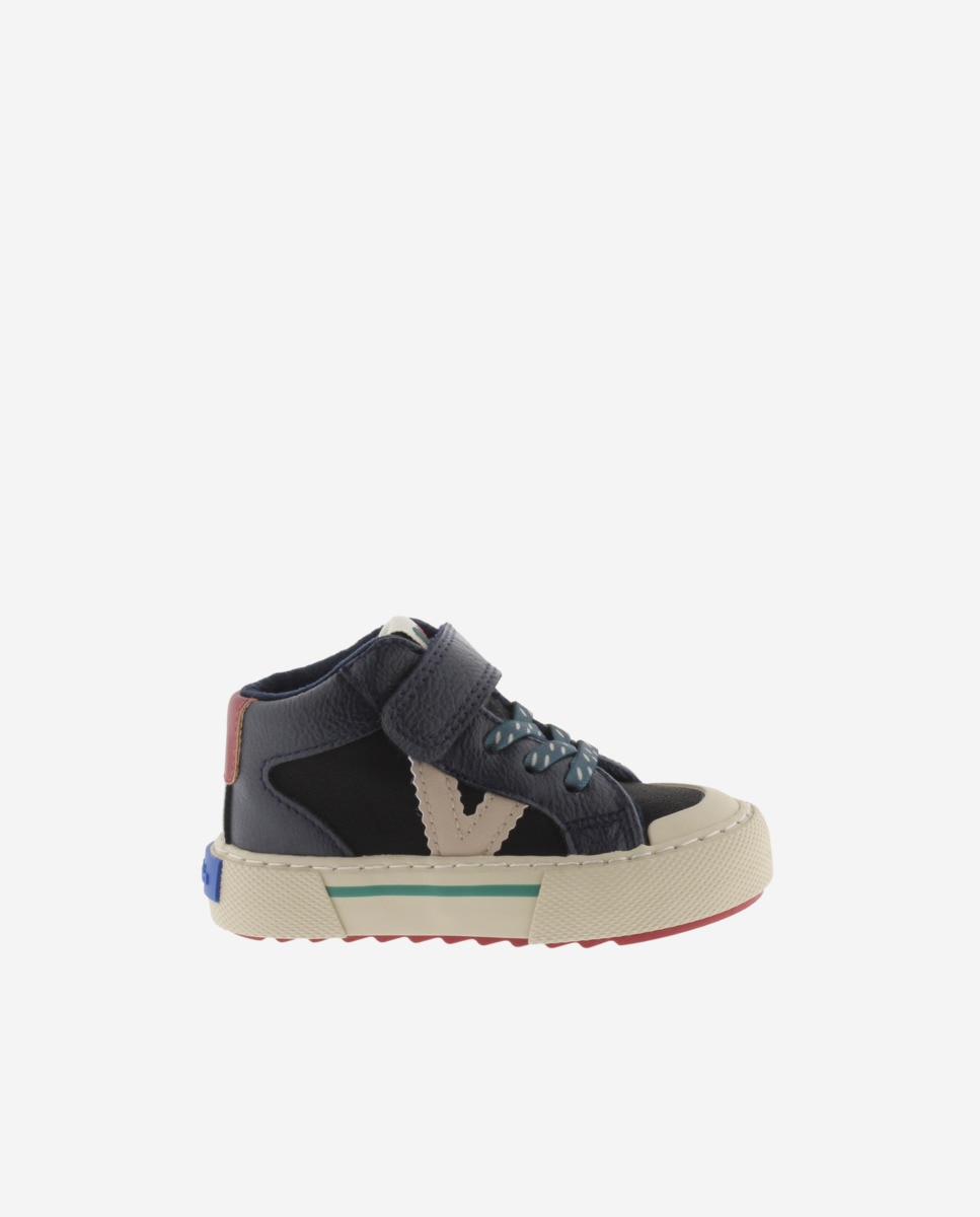 Zapatillas altas de niño con piezas de color y tira adherente - Victoria - Azul marino Azul marino-1