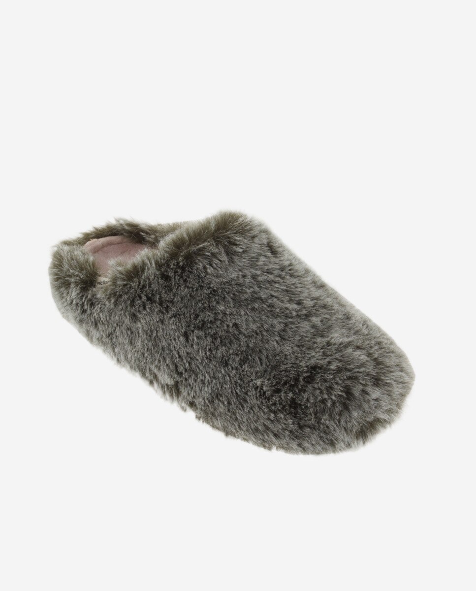 Zapatillas de casa abiertas de mujer de pelo - Victoria - Kaki Kaki-3