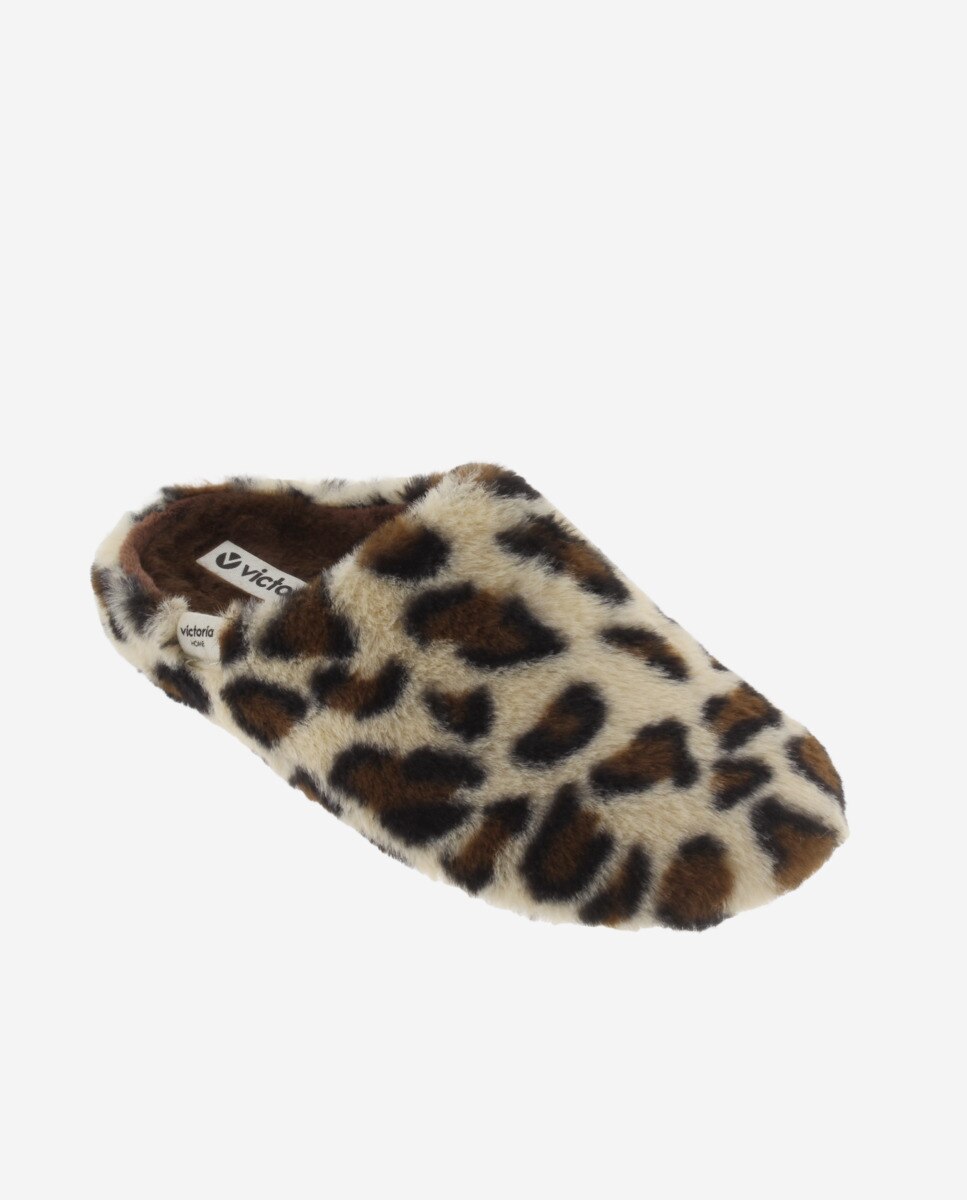 Zapatillas de casa abiertas de mujer de pelo animal print - Victoria - Crema Crema-3