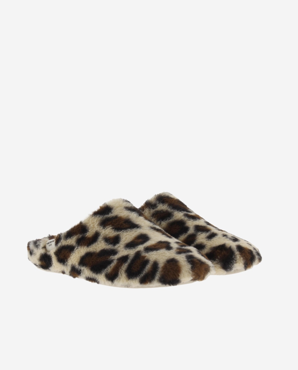 Zapatillas de casa abiertas de mujer de pelo animal print - Victoria - Crema Crema-5
