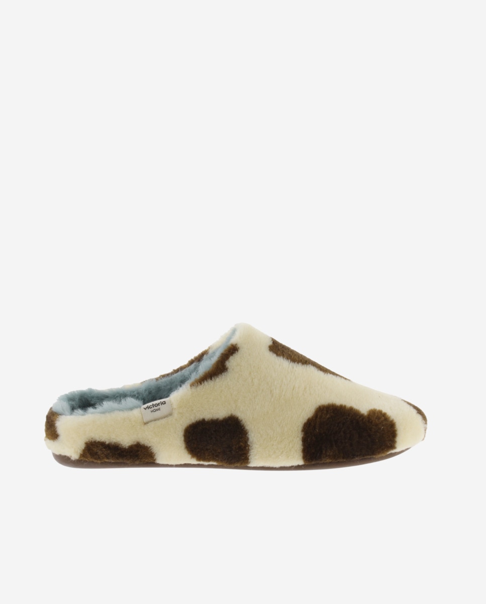 Zapatillas de casa abiertas de mujer de pelo con estampado de vaca - Victoria - Beige Beige-1