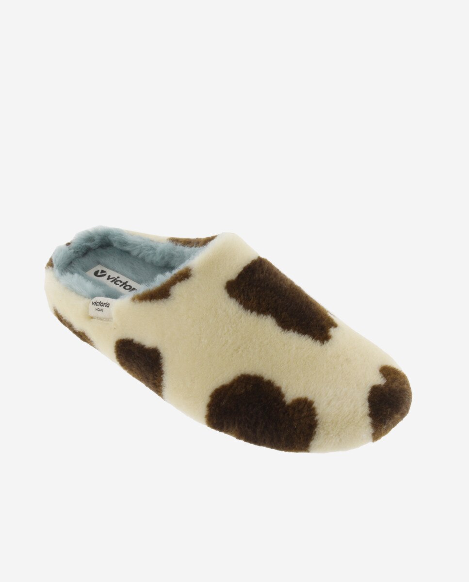 Zapatillas de casa abiertas de mujer de pelo con estampado de vaca - Victoria - Beige Beige-3