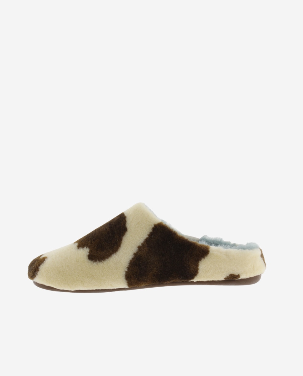 Zapatillas de casa abiertas de mujer de pelo con estampado de vaca - Victoria - Beige Beige-2
