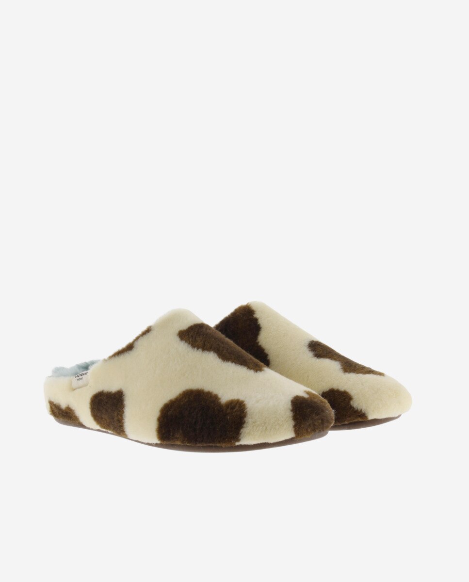 Zapatillas de casa abiertas de mujer de pelo con estampado de vaca - Victoria - Beige Beige-5