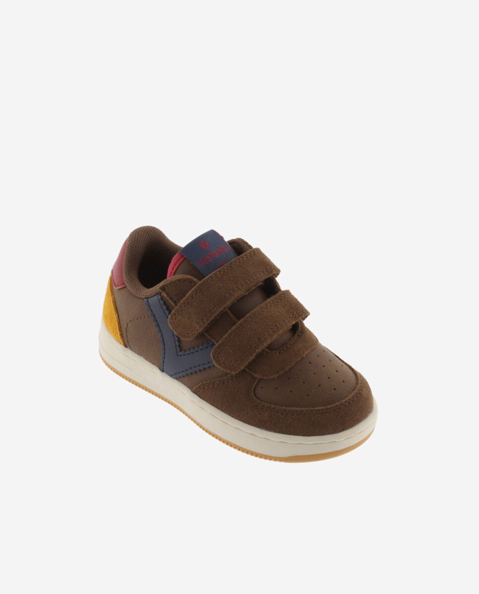 Zapatillas deportivas de niño con piezas de color y serraje y tiras adherentes - Victoria - Marrón Marrón-2
