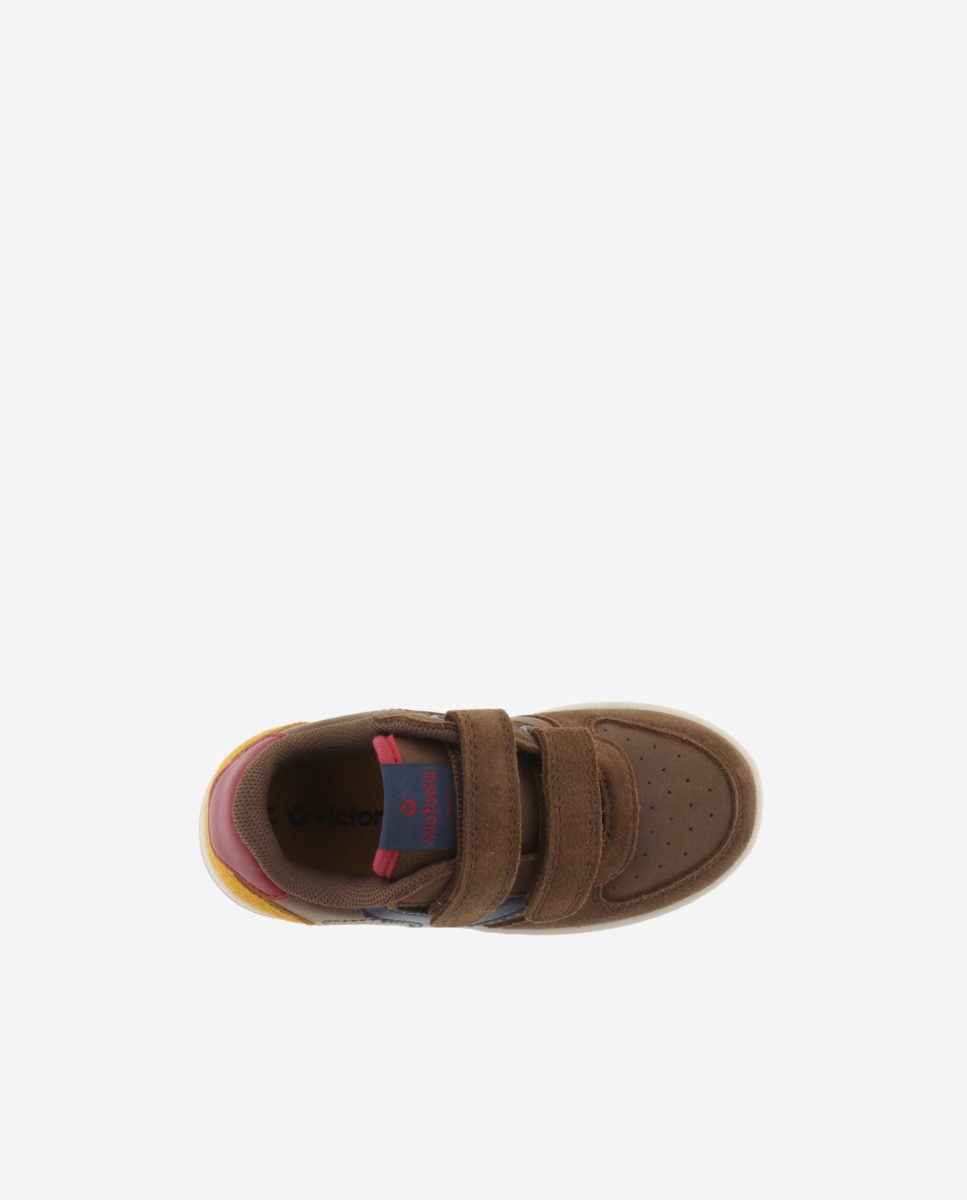 Zapatillas deportivas de niño con piezas de color y serraje y tiras adherentes - Victoria - Marrón Marrón-4