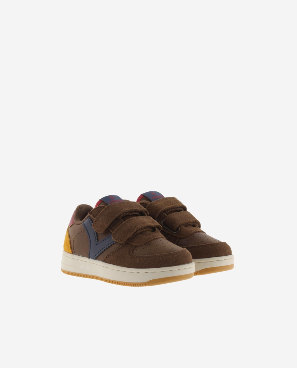 Zapatillas deportivas de niño con piezas de color y serraje y tiras adherentes - Victoria - Marrón Marrón-5