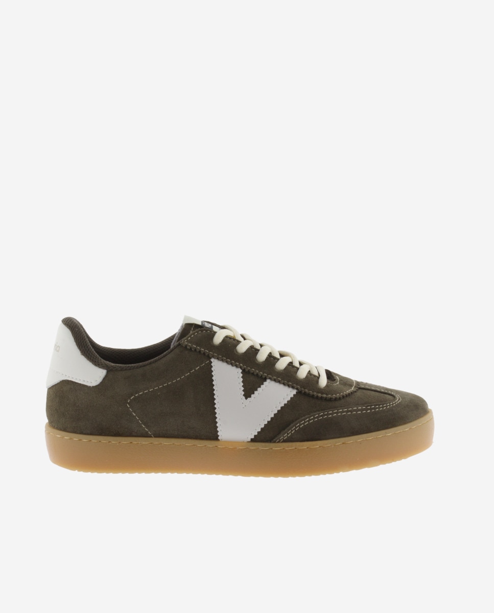 Zapatillas de serraje de mujer con piezas en contraste y suela color caramelo - Victoria - Kaki Kaki-1