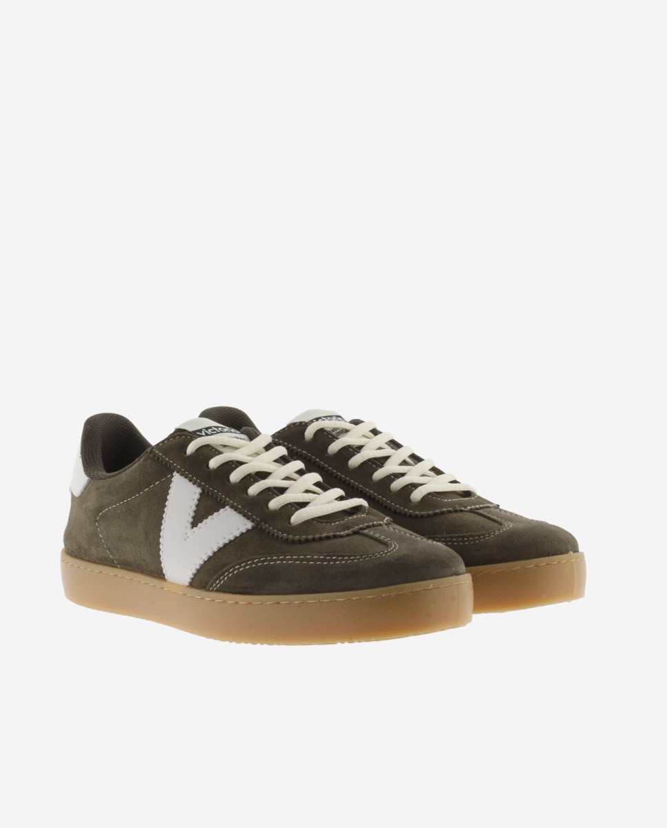 Zapatillas de serraje de mujer con piezas en contraste y suela color caramelo - Victoria - Kaki Kaki-5