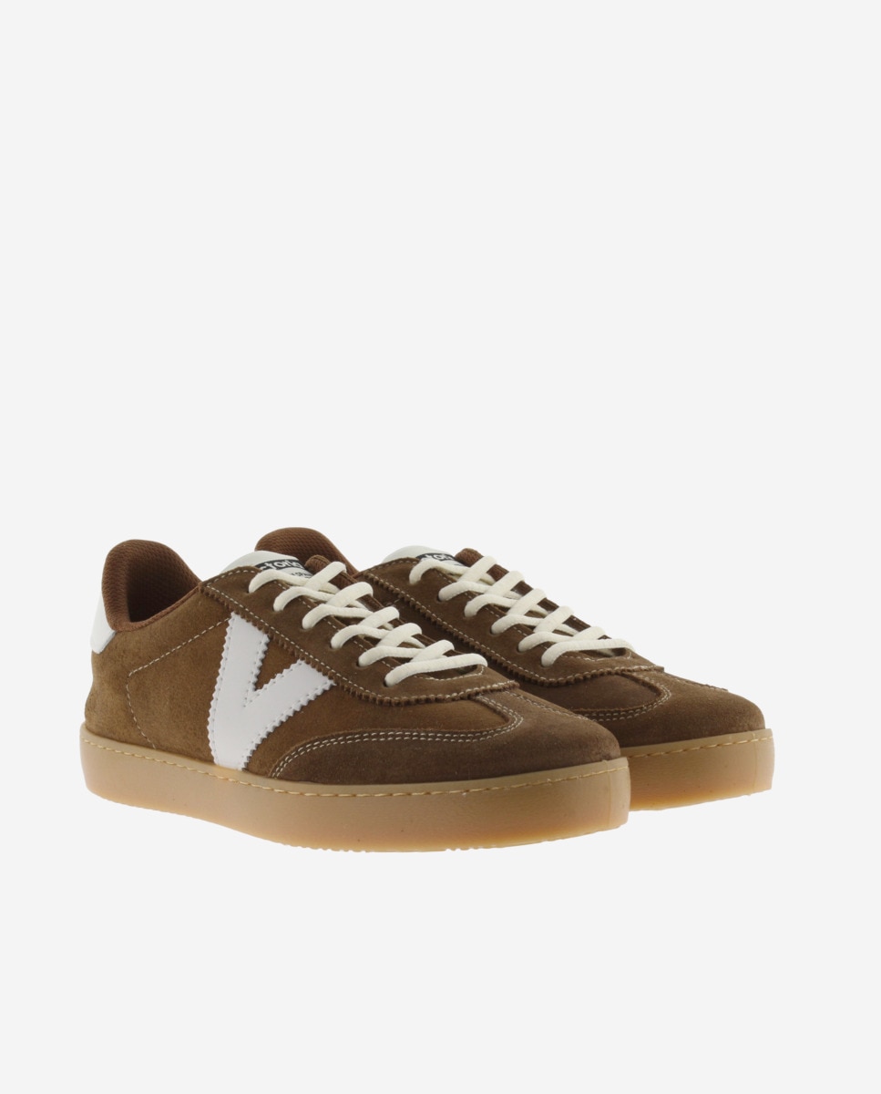 Zapatillas de serraje de mujer con piezas en contraste y suela color caramelo - Victoria - Cuero Cuero-5