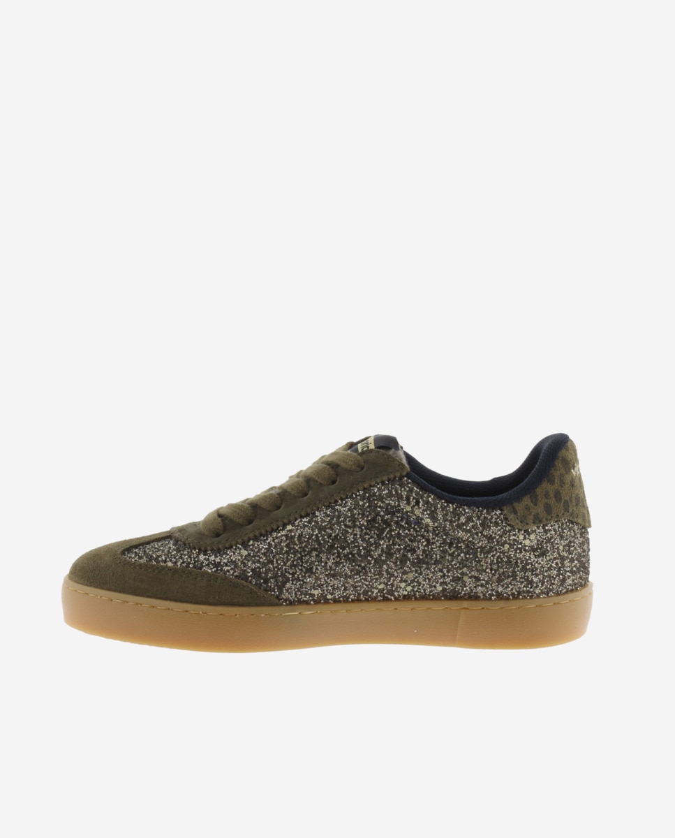 Victoria - Zapatillas deportivas de mujer de glitter con piezas fantasía y de serraje y suela caramelo.