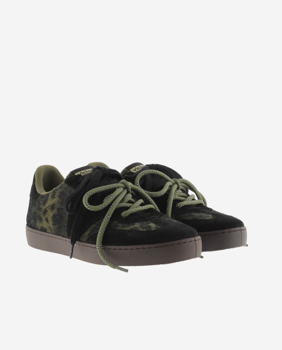 Zapatillas deportivas de mujer animal print con piezas de serraje al tono y doble cordón - Victoria - Kaki Kaki-5