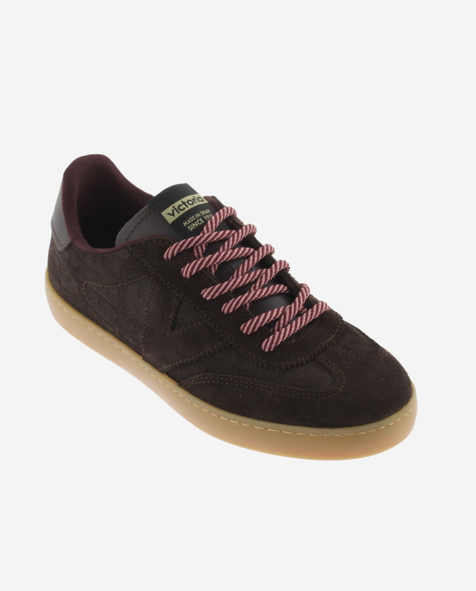 Zapatillas deportivas de mujer de piel con grabado tipo cocodrilo y piezas de serraje al tono - Victoria - Marrón Marrón-3
