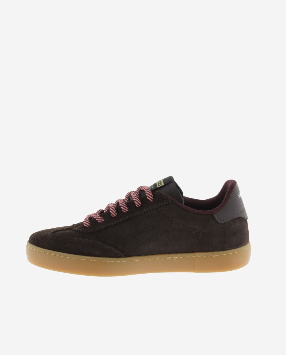 Zapatillas deportivas de mujer de piel con grabado tipo cocodrilo y piezas de serraje al tono - Victoria - Marrón Marrón-2