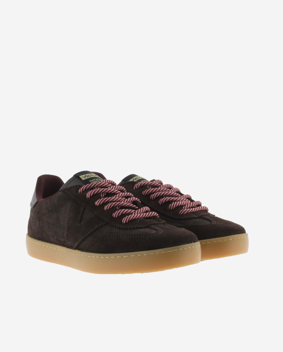 Zapatillas deportivas de mujer de piel con grabado tipo cocodrilo y piezas de serraje al tono - Victoria - Marrón Marrón-5