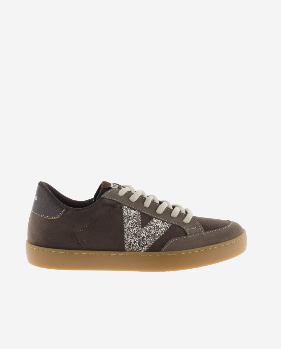 Zapatillas deportivas de mujer de terciopelo con piezas de serraje al tono y logotipo de glitter - Victoria - Visón Visón-1