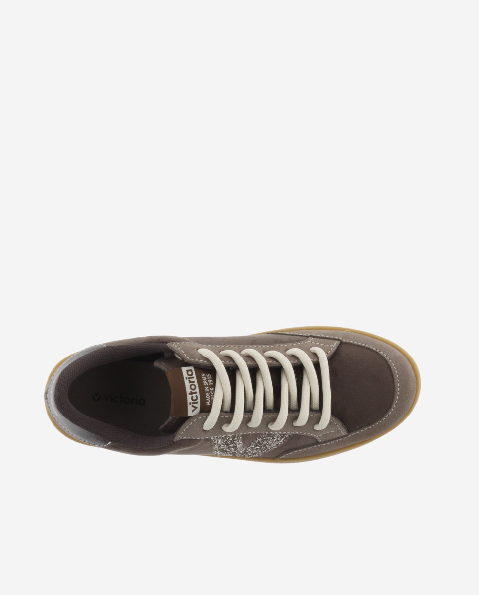 Zapatillas deportivas de mujer de terciopelo con piezas de serraje al tono y logotipo de glitter - Victoria - Visón Visón-4