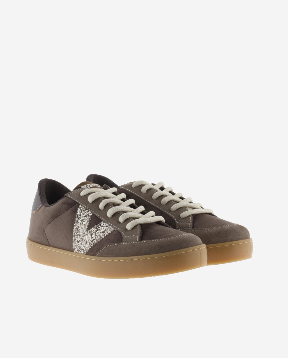 Zapatillas deportivas de mujer de terciopelo con piezas de serraje al tono y logotipo de glitter - Victoria - Visón Visón-5