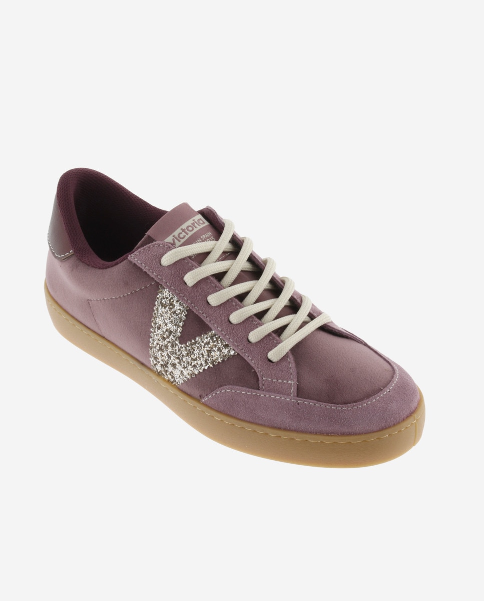 Zapatillas deportivas de mujer de terciopelo con piezas de serraje al tono y logotipo de glitter - Victoria - Malva Malva-3