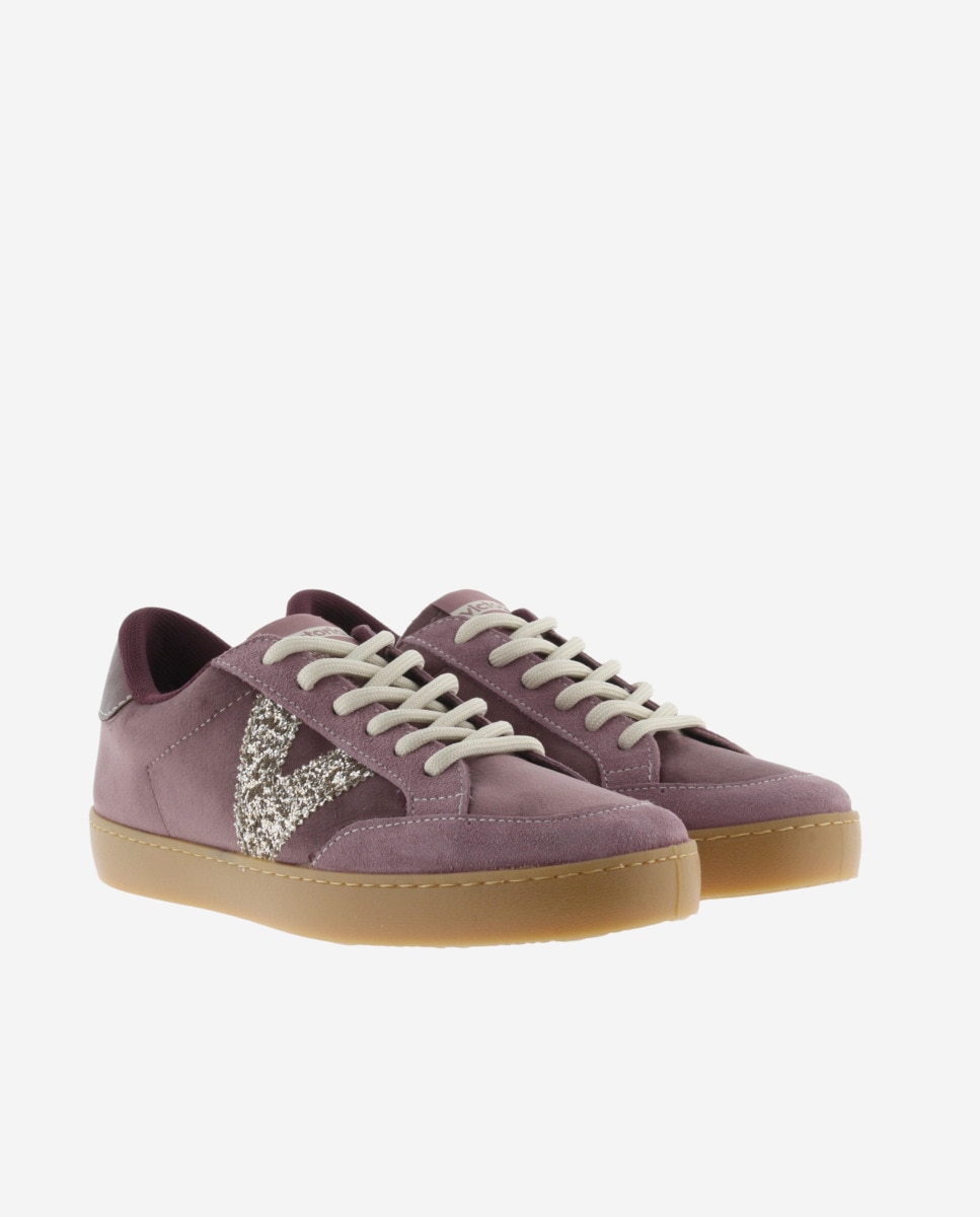 Zapatillas deportivas de mujer de terciopelo con piezas de serraje al tono y logotipo de glitter - Victoria - Malva Malva-5