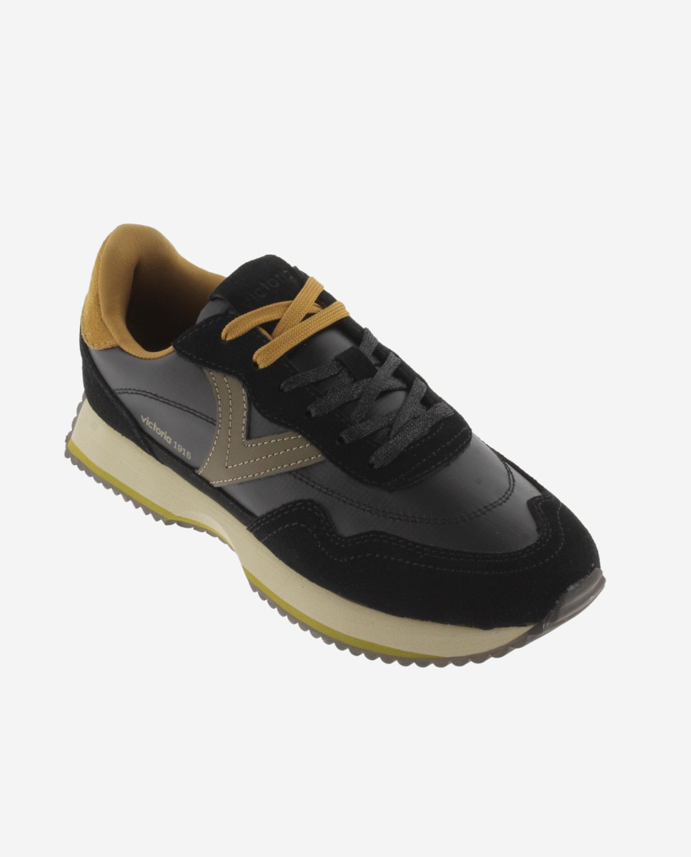 Zapatillas deportivas de mujer de nylon metalizado con piezas de serraje y suela en sierra - Victoria - Negro Negro-3