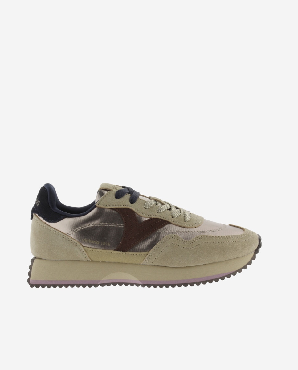 Zapatillas deportivas de mujer de nylon metalizado con piezas de serraje y suela en sierra - Victoria - Oro Oro-1