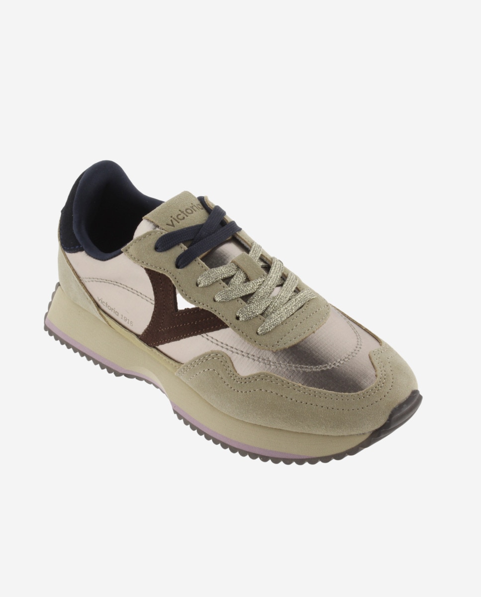 Zapatillas deportivas de mujer de nylon metalizado con piezas de serraje y suela en sierra - Victoria - Oro Oro-3