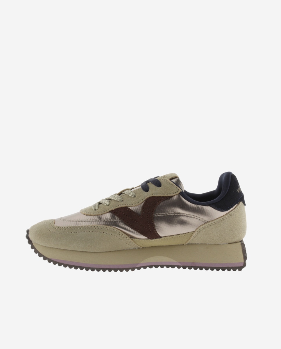 Zapatillas deportivas de mujer de nylon metalizado con piezas de serraje y suela en sierra - Victoria - Oro Oro-2