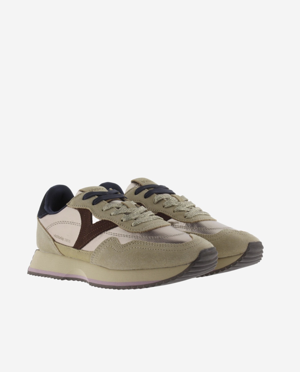 Zapatillas deportivas de mujer de nylon metalizado con piezas de serraje y suela en sierra - Victoria - Oro Oro-5