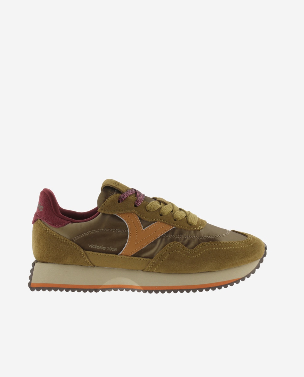 Zapatillas deportivas de mujer de nylon metalizado con piezas de serraje y suela en sierra - Victoria - Verde Oliva Verde Oliva-1