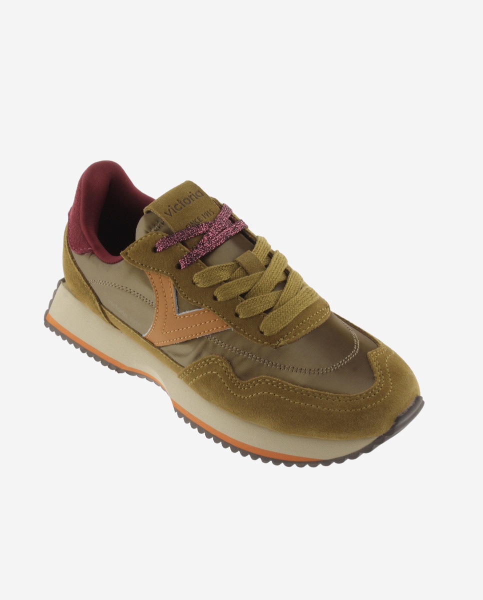 Zapatillas deportivas de mujer de nylon metalizado con piezas de serraje y suela en sierra - Victoria - Verde Oliva Verde Oliva-3