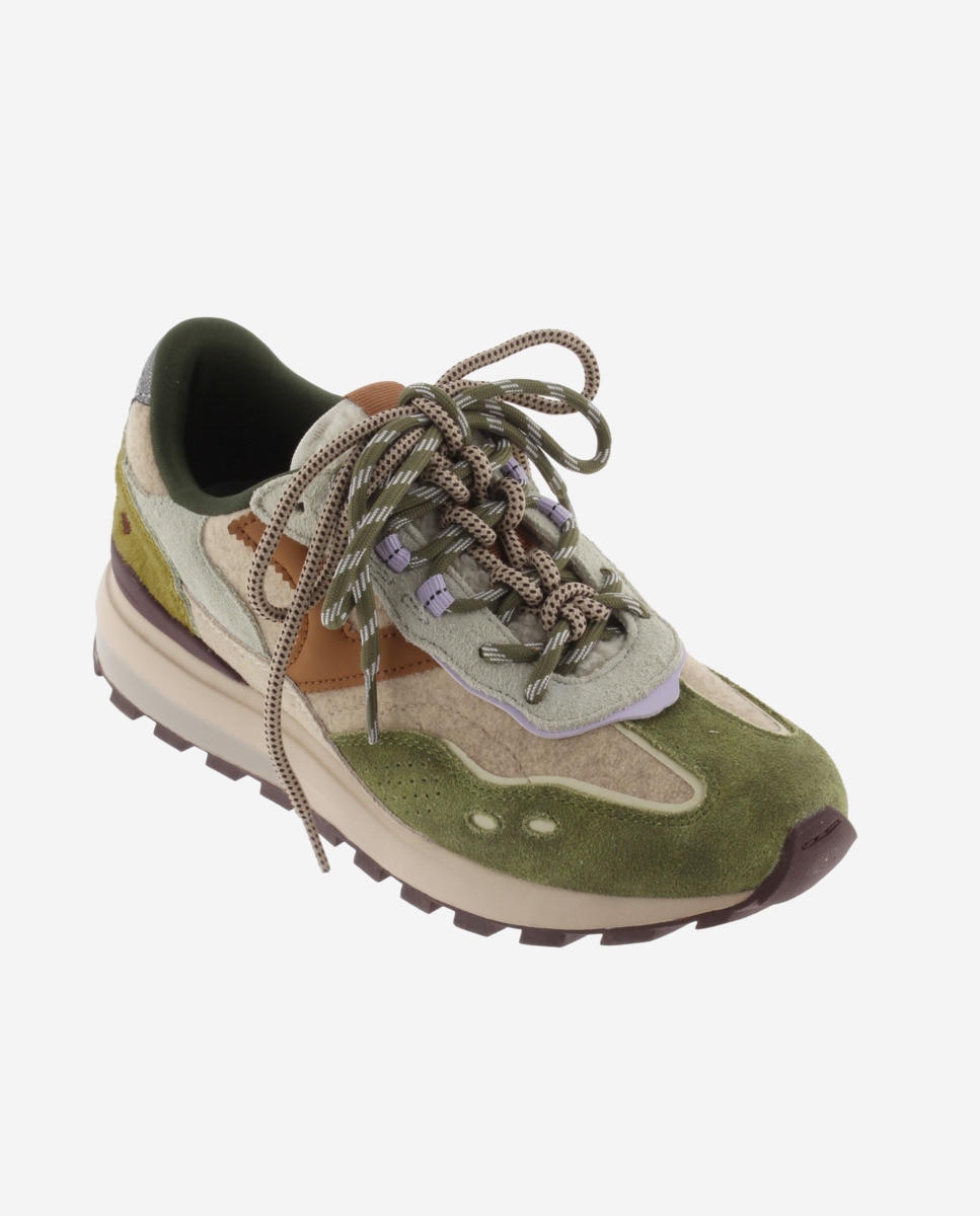 Zapatillas deportivas de mujer con piezas de serraje y suela dentada - Victoria - Kaki Kaki-3