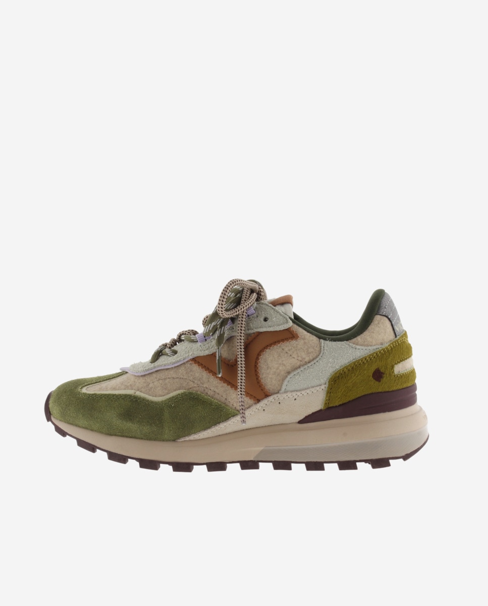 Zapatillas deportivas de mujer con piezas de serraje y suela dentada - Victoria - Kaki Kaki-2