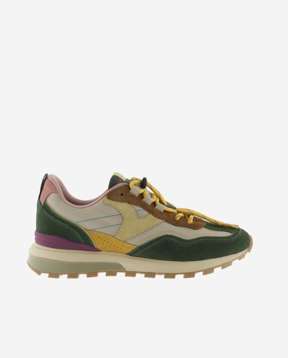 Zapatillas deportivas de mujer de nylon con piezas de serraje y suela dentada - Victoria - Beige Beige-1