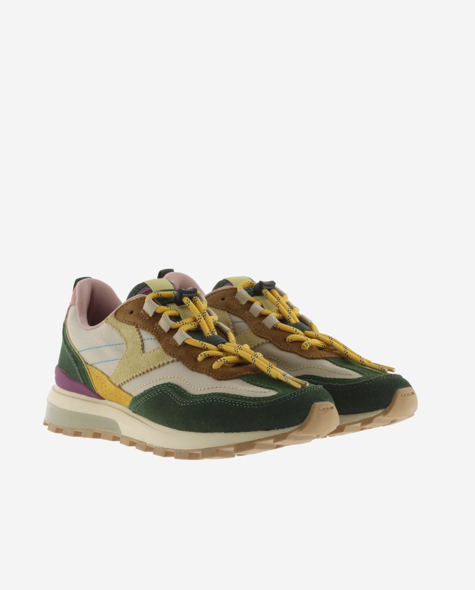 Zapatillas deportivas de mujer de nylon con piezas de serraje y suela dentada - Victoria - Beige Beige-5