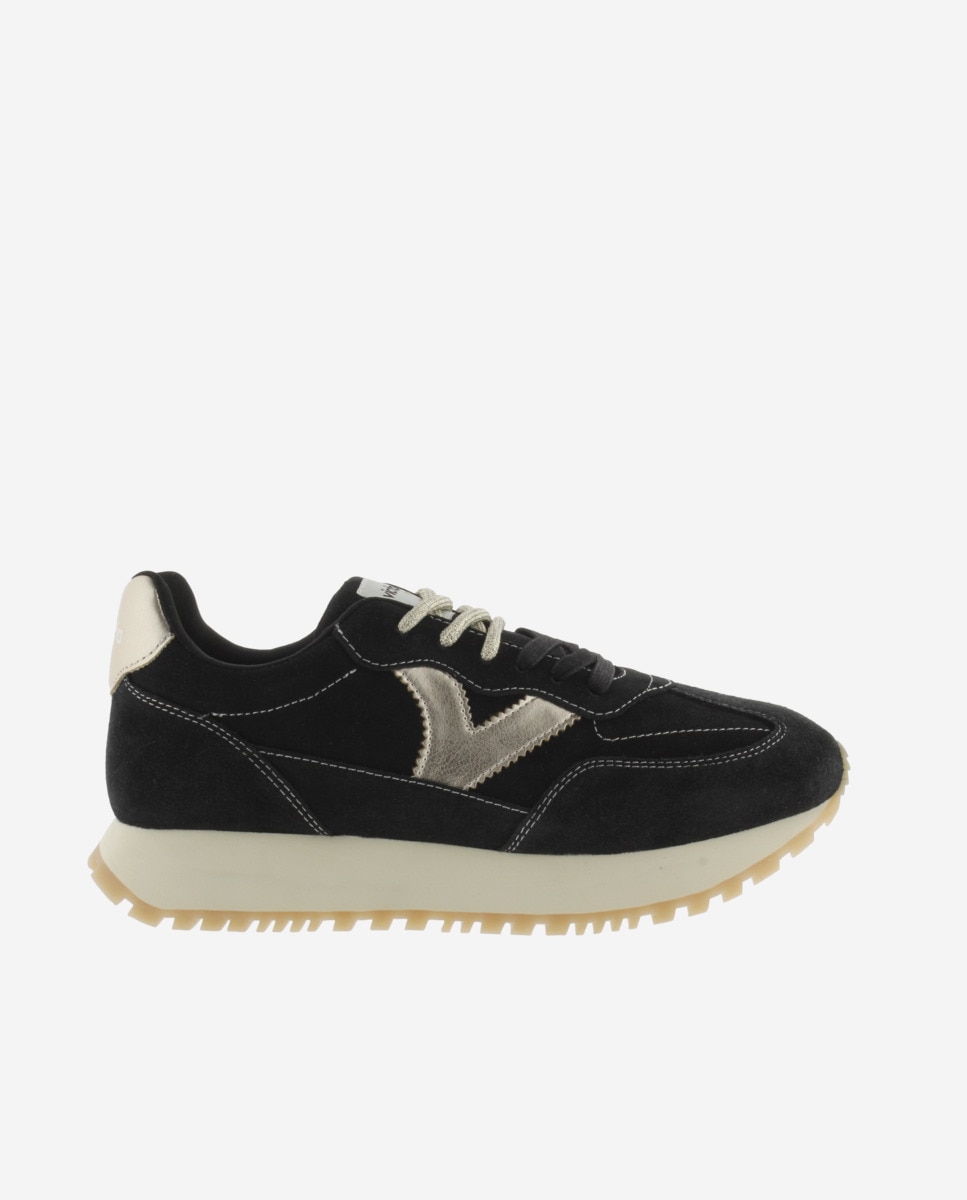 Zapatillas deportivas de mujer de serraje con piezas metalizadas y doble cordón - Victoria - Negro Negro-1