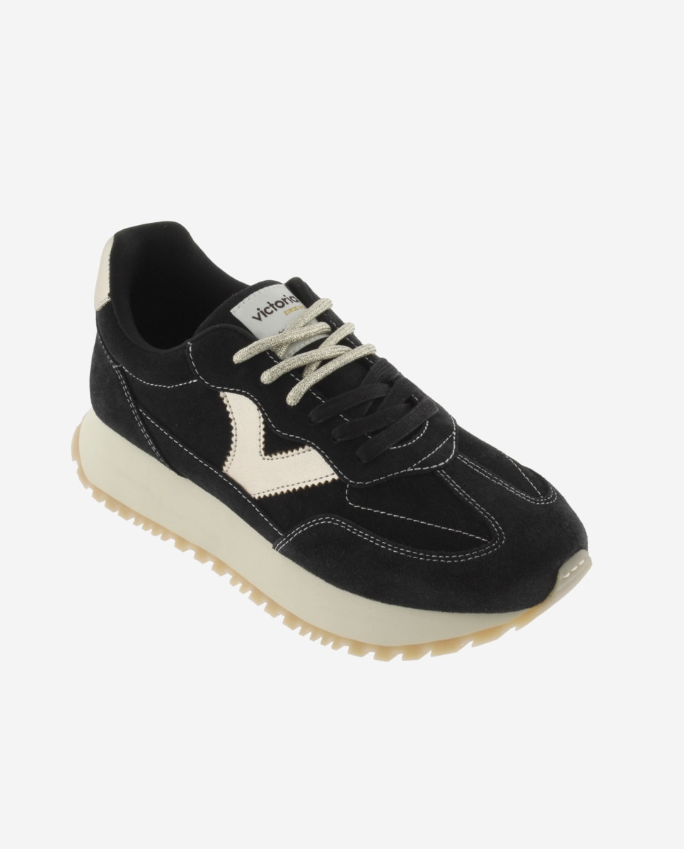 Zapatillas deportivas de mujer de serraje con piezas metalizadas y doble cordón - Victoria - Negro Negro-3