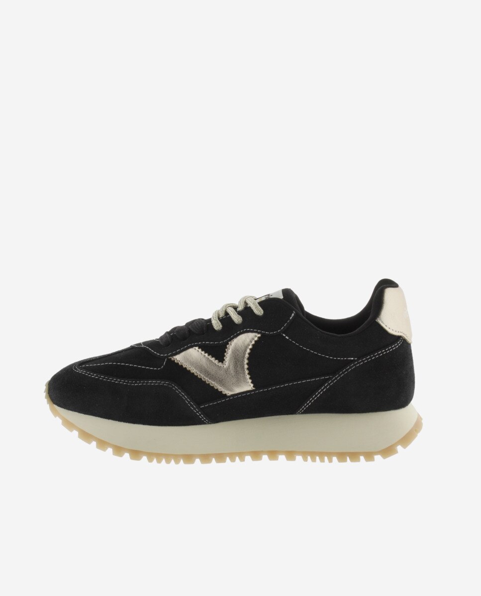 Zapatillas deportivas de mujer de serraje con piezas metalizadas y doble cordón - Victoria - Negro Negro-2
